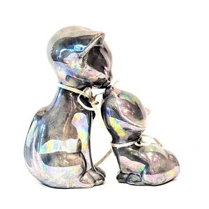 Set Of 2 silver cat figurines. Iridescent statues vintage from Quebec